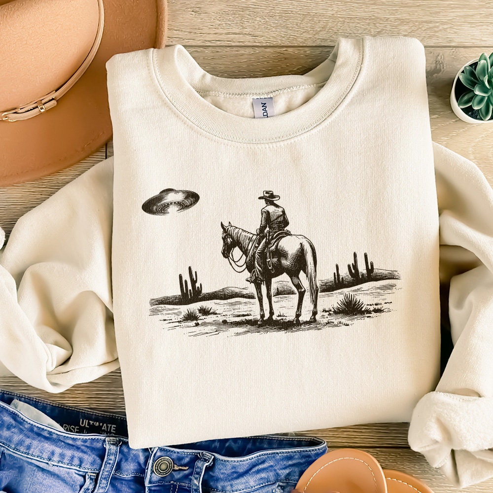 Cowboy and UFO PNG, Vintage Western Digital Download - 300 DPI Design for