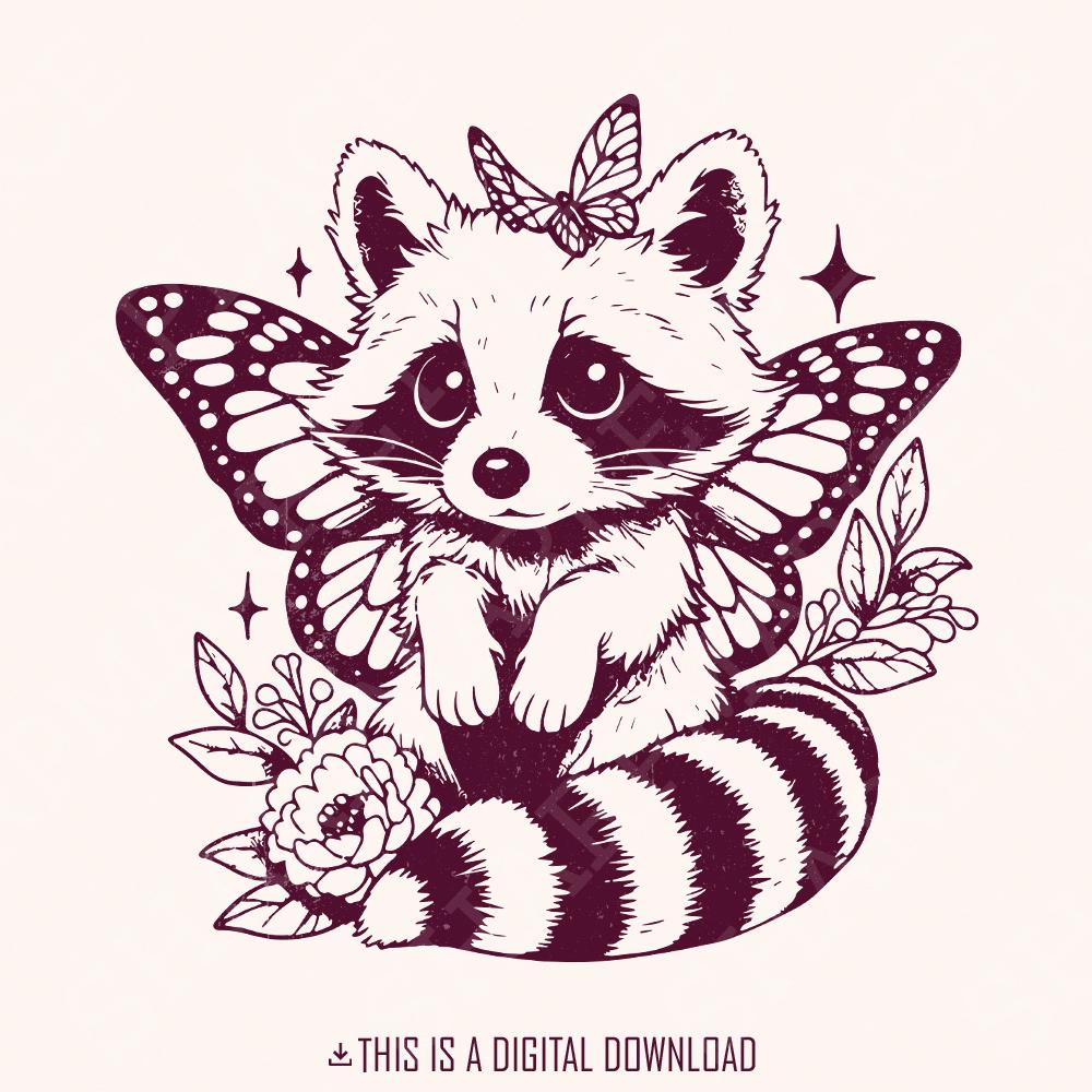 Cute Hybrid Raccoon with Butterfly Wings PNG, Vintage Animal png - 300
