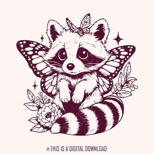 Cute Hybrid Raccoon with Butterfly Wings PNG, Vintage Animal png - 300