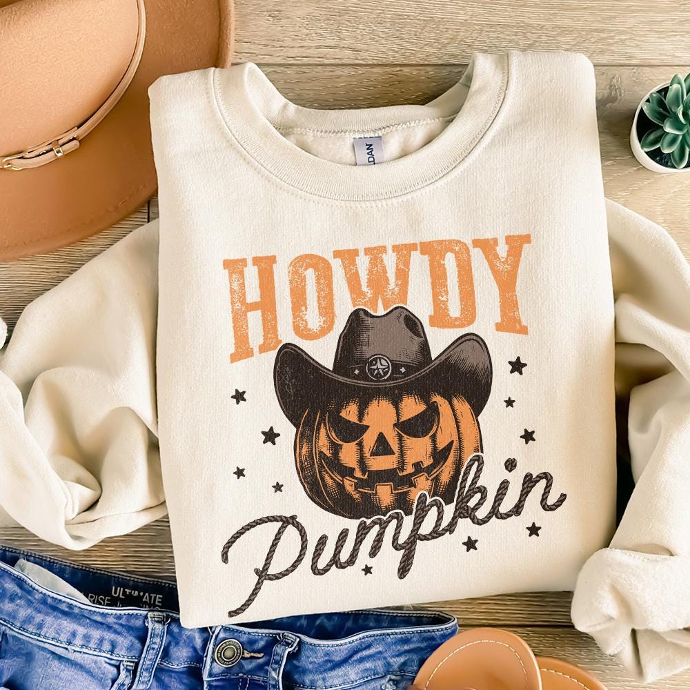 Howdy Pumpkin Western Fall PNG Alt 2, Retro Halloween png - 300 DPI