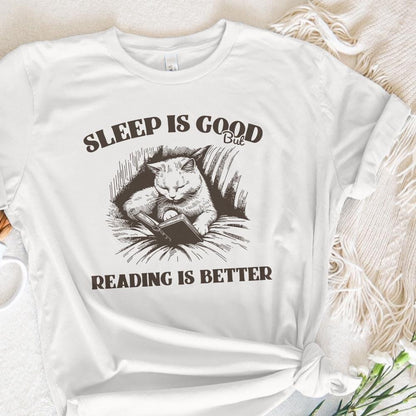 Sleep is Good but Reading is Better PNG Alt 2, Trendy Bookish Cat Art -