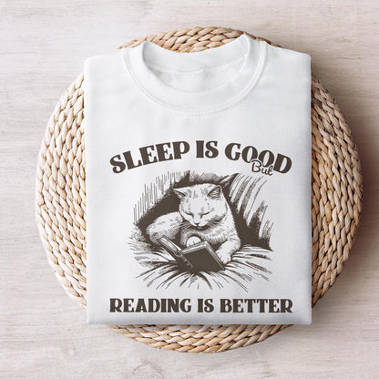 Sleep is Good but Reading is Better PNG Alt 2, Trendy Bookish Cat Art -