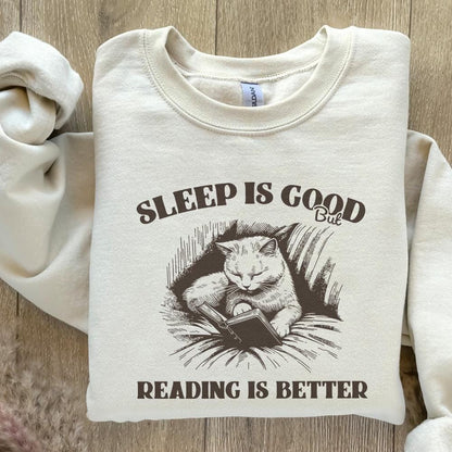 Sleep is Good but Reading is Better PNG Alt 2, Trendy Bookish Cat Art -