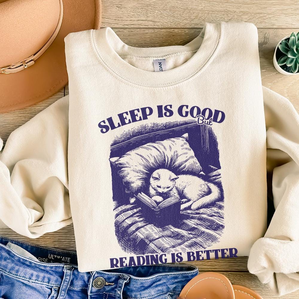 Sleep is Good but Reading is Better PNG, Trendy Bookish Cat Art - 300 DPI