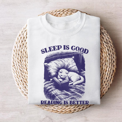Sleep is Good but Reading is Better PNG, Trendy Bookish Cat Art - 300 DPI
