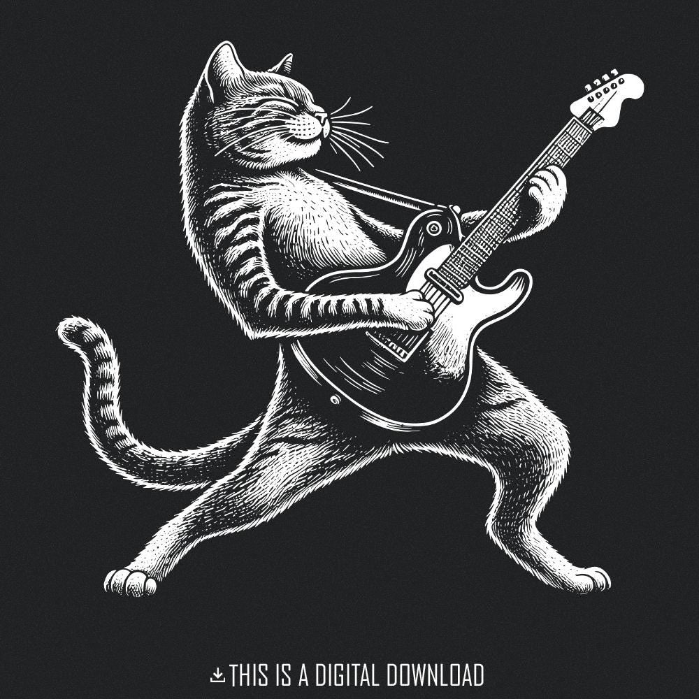 Funny Cat Playing Guitar PNG Digital Download Alt 2, Sublimation - 300