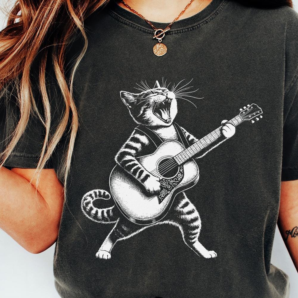 Funny Cat Playing Guitar PNG Digital Download Alt 3, Sublimation - 300