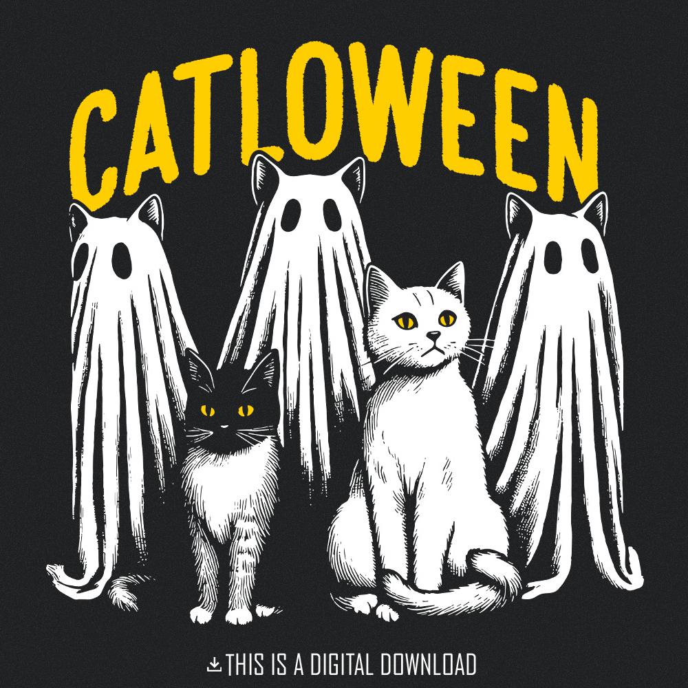 Catloween digital design featuring two cats sitting with three ghost cats in white sheets, with bold yellow text for spooky season sublimation projects.