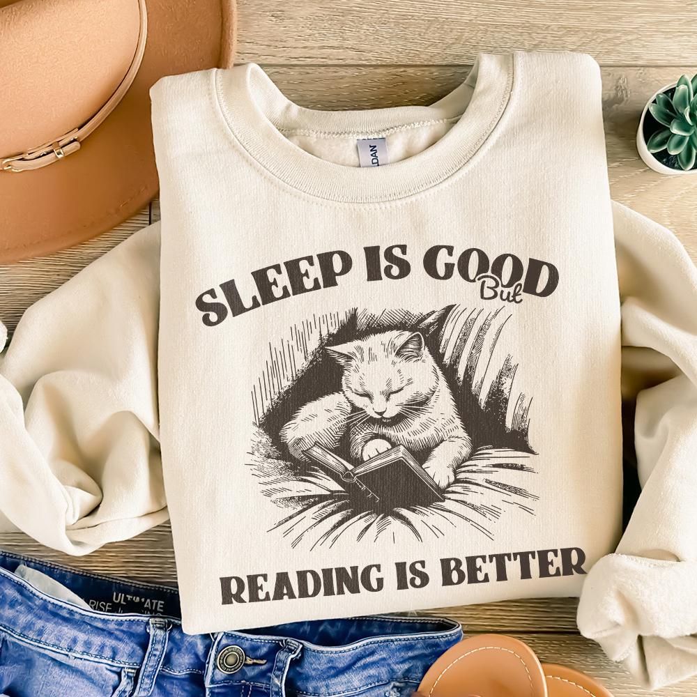 Sleep is Good but Reading is Better PNG Alt 2, Trendy Bookish Cat Art -