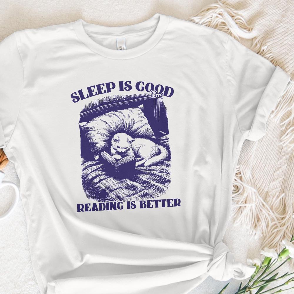 Sleep is Good but Reading is Better PNG, Trendy Bookish Cat Art - 300 DPI