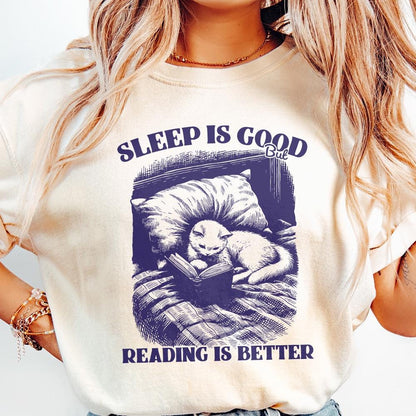 Sleep is Good but Reading is Better PNG, Trendy Bookish Cat Art - 300 DPI