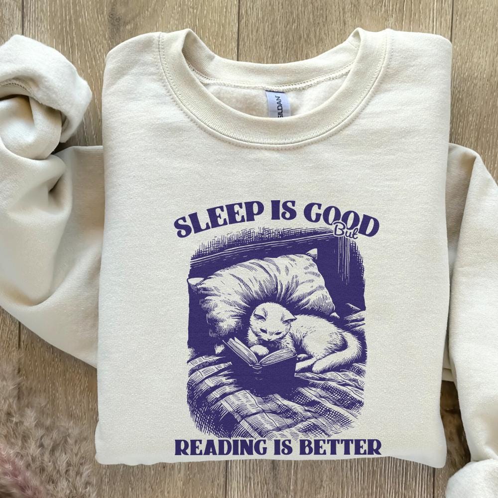 Sleep is Good but Reading is Better PNG, Trendy Bookish Cat Art - 300 DPI