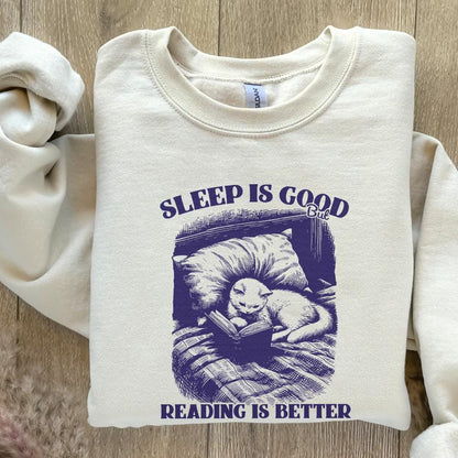 Sleep is Good but Reading is Better PNG, Trendy Bookish Cat Art - 300 DPI