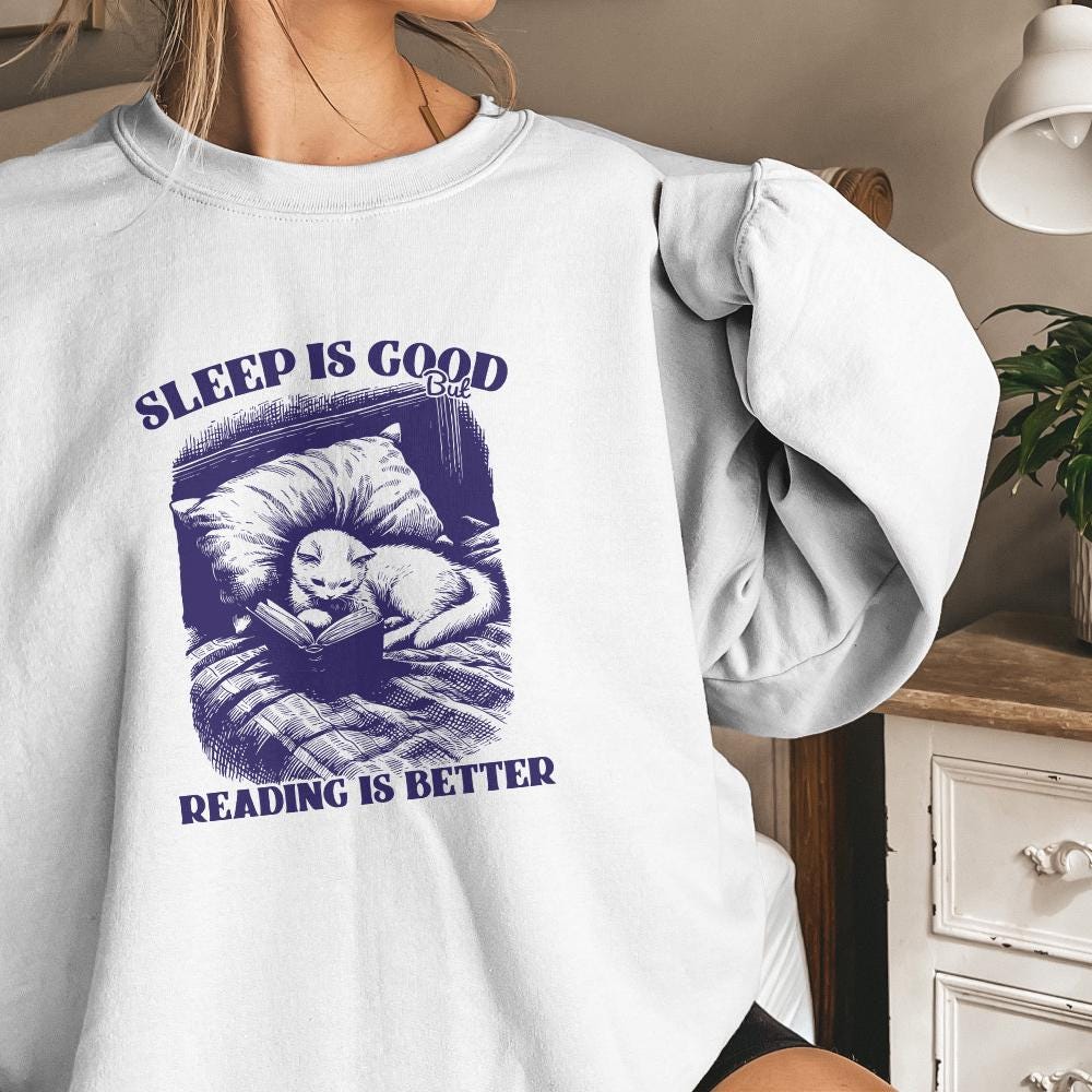 Sleep is Good but Reading is Better PNG, Trendy Bookish Cat Art - 300 DPI