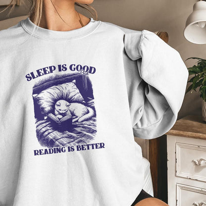 Sleep is Good but Reading is Better PNG, Trendy Bookish Cat Art - 300 DPI