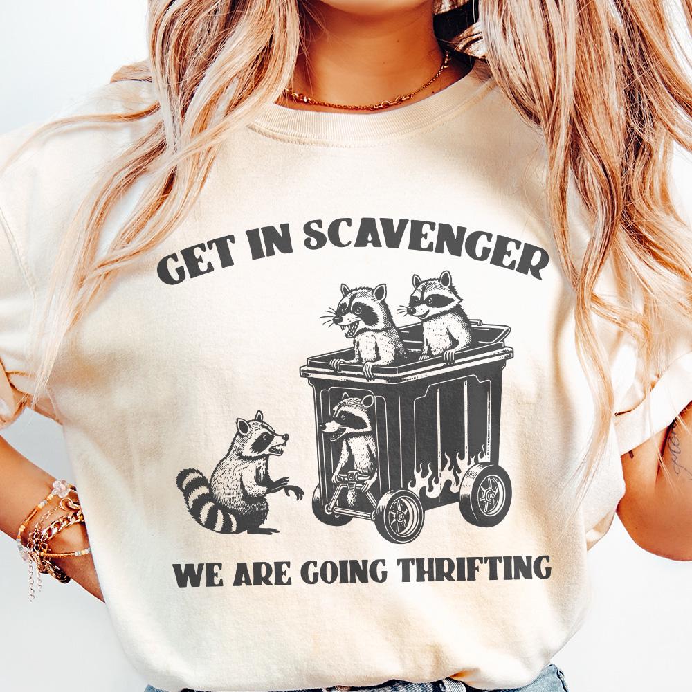 Get In Scavenger We're Going Thrifting Raccoon PNG SVG Funny Quote Trash