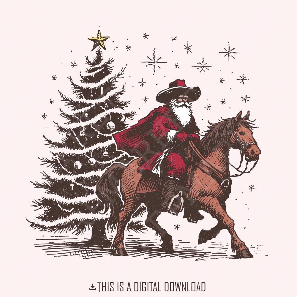 Cowboy Santa Western Christmas PNG Alt 2, Retro Vintage Rodeo Design -