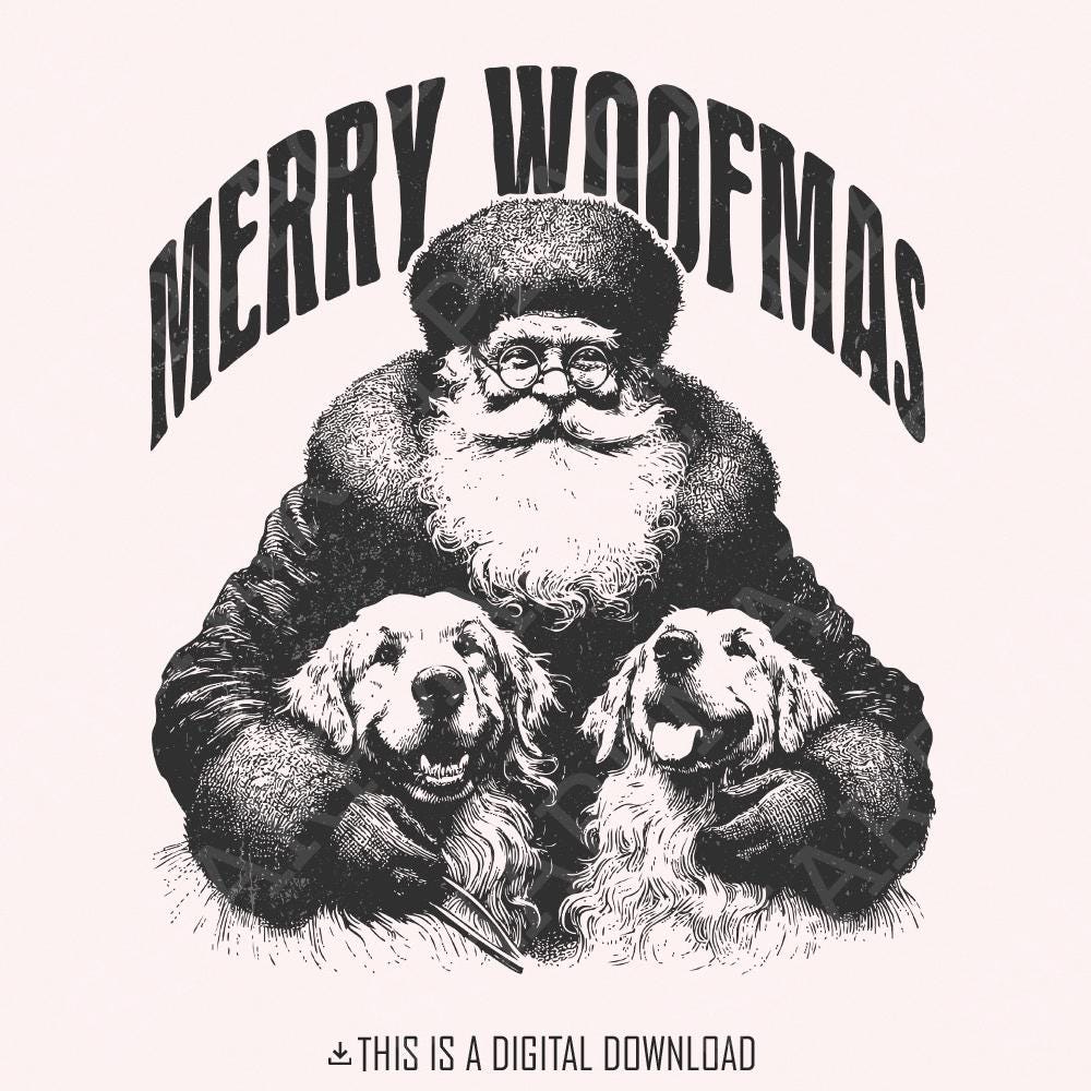 Vintage style Merry Woofmas sublimation design featuring a bearded man in a winter hat holding two smiling golden retriever dogs.
