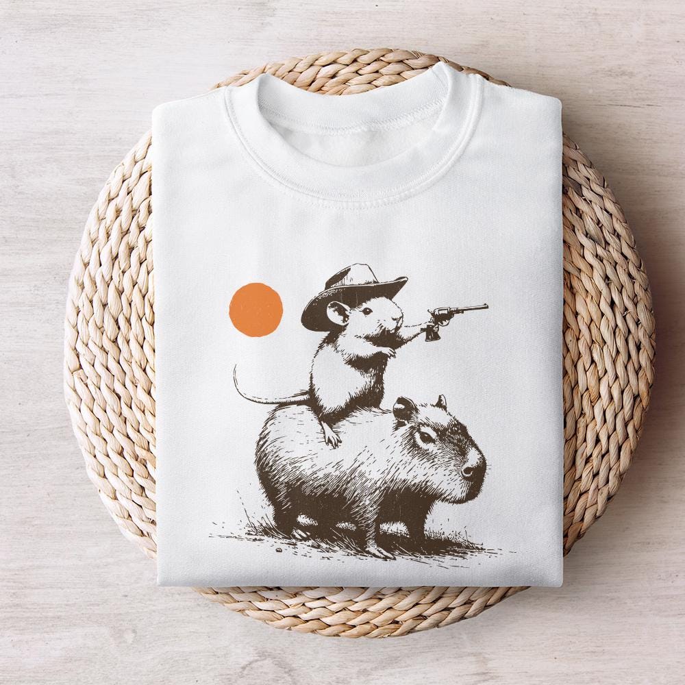 Funny Rat Riding Capybara Sketch, Vintage Animals png - 300 DPI Design