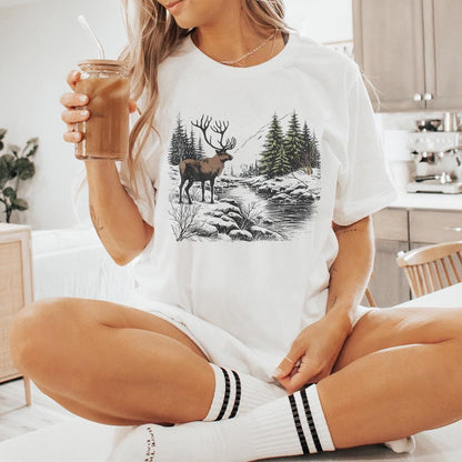 Retro Deer Wilderness Scene PNG Alt 2, Deer Art Sublimation - 300 DPI