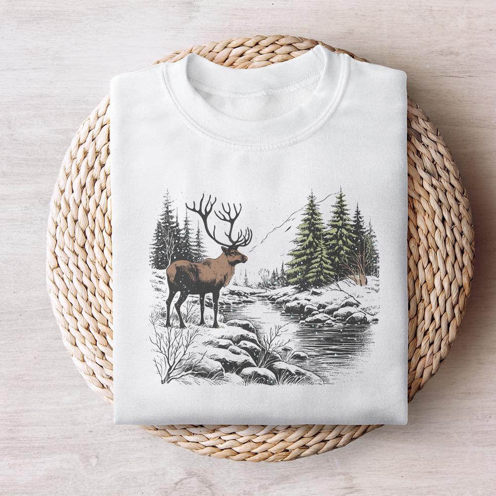 Retro Deer Wilderness Scene PNG Alt 2, Deer Art Sublimation - 300 DPI