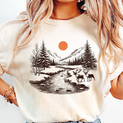 Retro Deer Wilderness Scene PNG, Deer Art Sublimation - 300 DPI Design