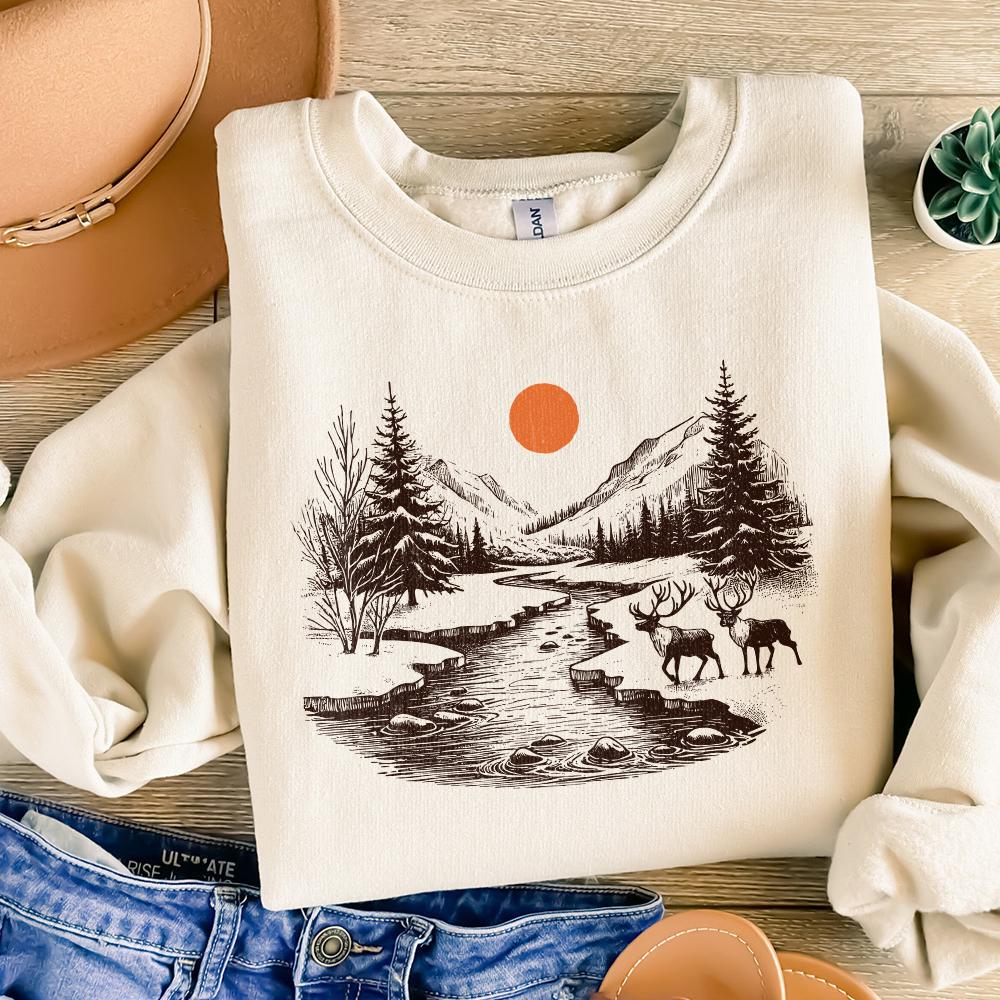 Retro Deer Wilderness Scene PNG, Deer Art Sublimation - 300 DPI Design