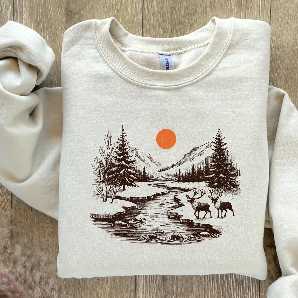 Retro Deer Wilderness Scene PNG, Deer Art Sublimation - 300 DPI Design