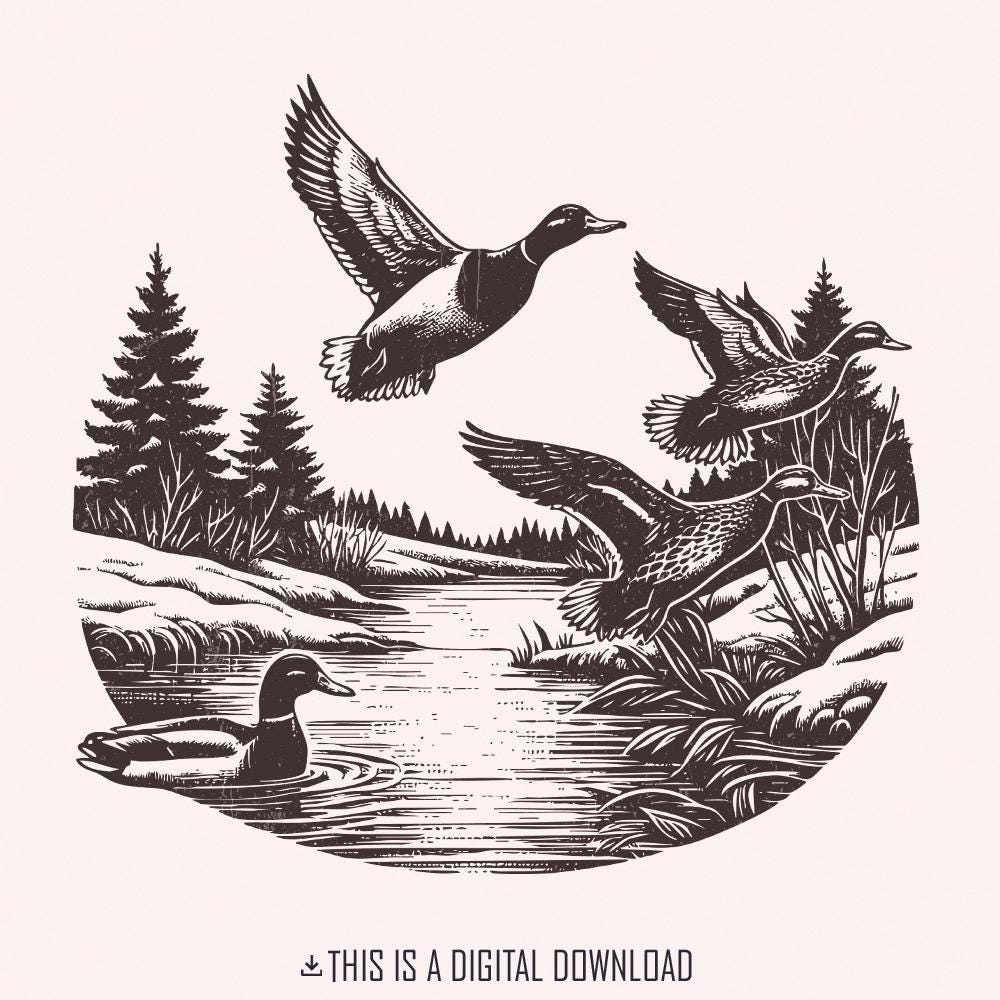 Vintage woodcut style illustration of mallard ducks in flight and swimming in a marsh, perfect for hunting themed apparel and sublimation projects.