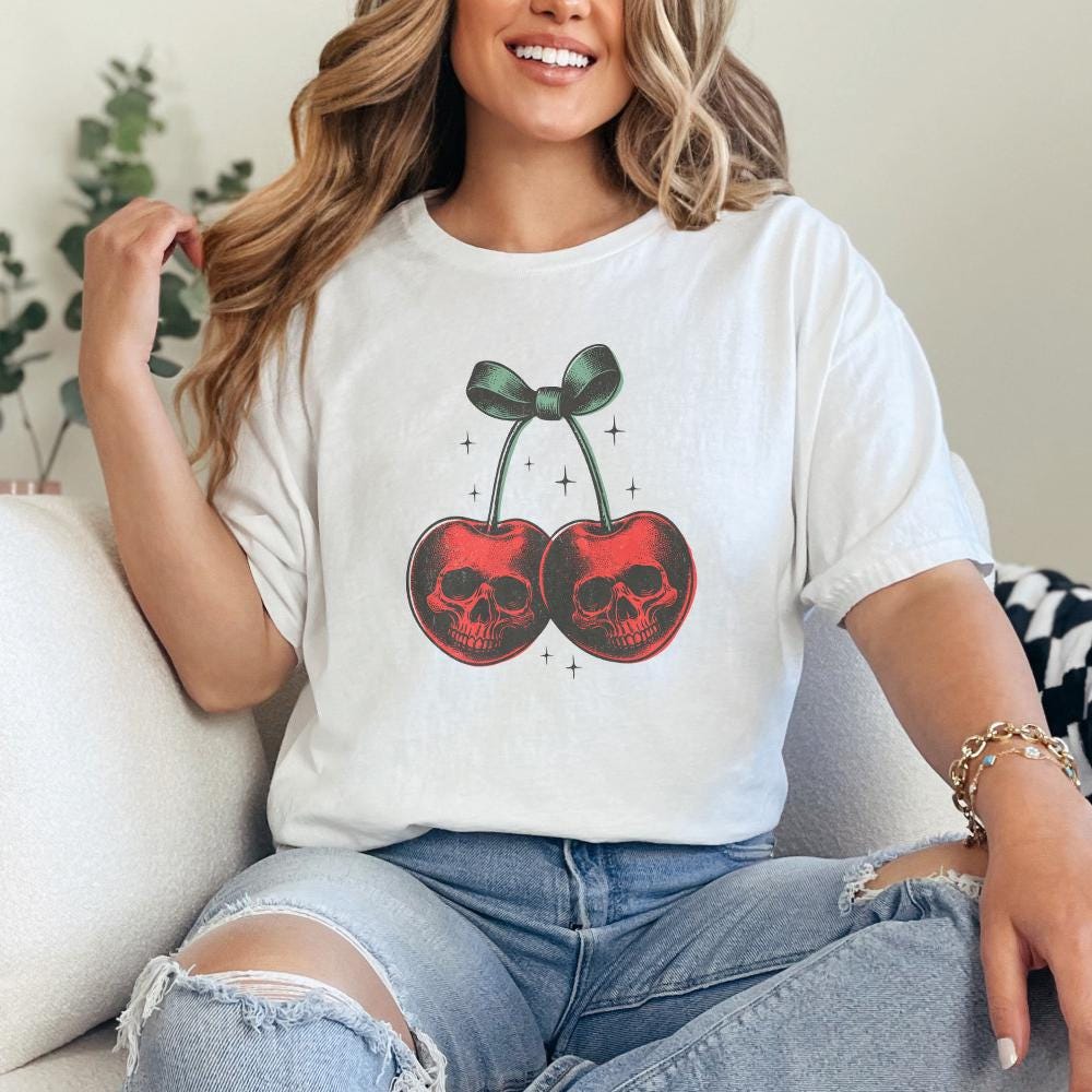 Skull Cherries PNG, Trendy Retro Halloween - 300 DPI Design for T-Shirt