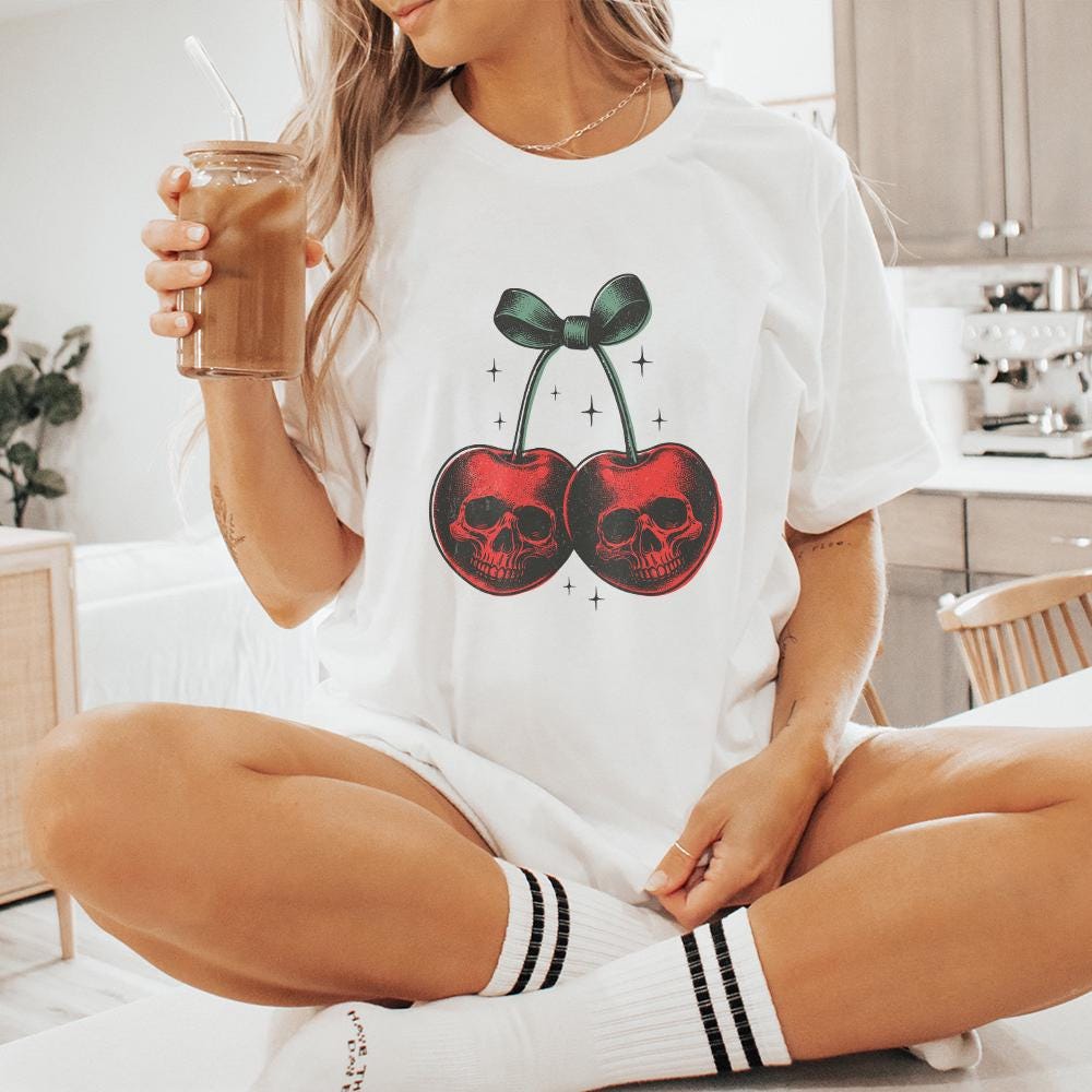 Skull Cherries PNG, Trendy Retro Halloween - 300 DPI Design for T-Shirt