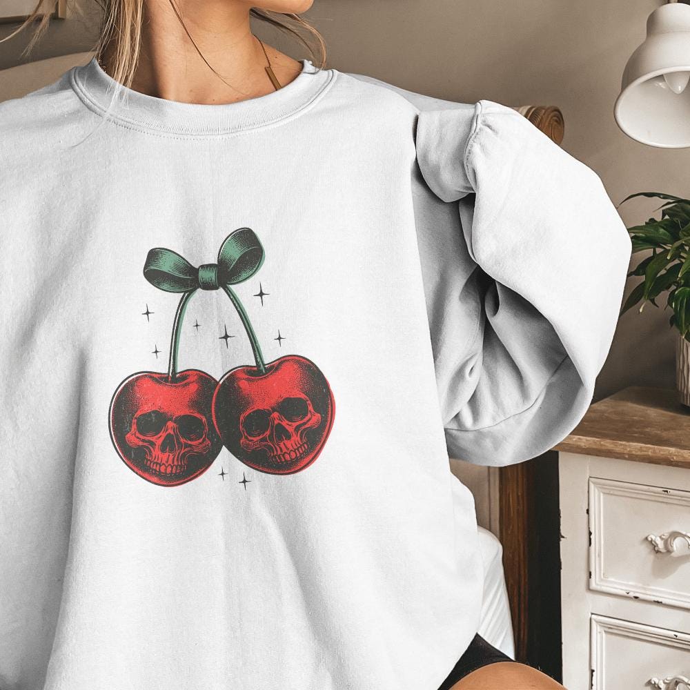 Skull Cherries PNG, Trendy Retro Halloween - 300 DPI Design for T-Shirt