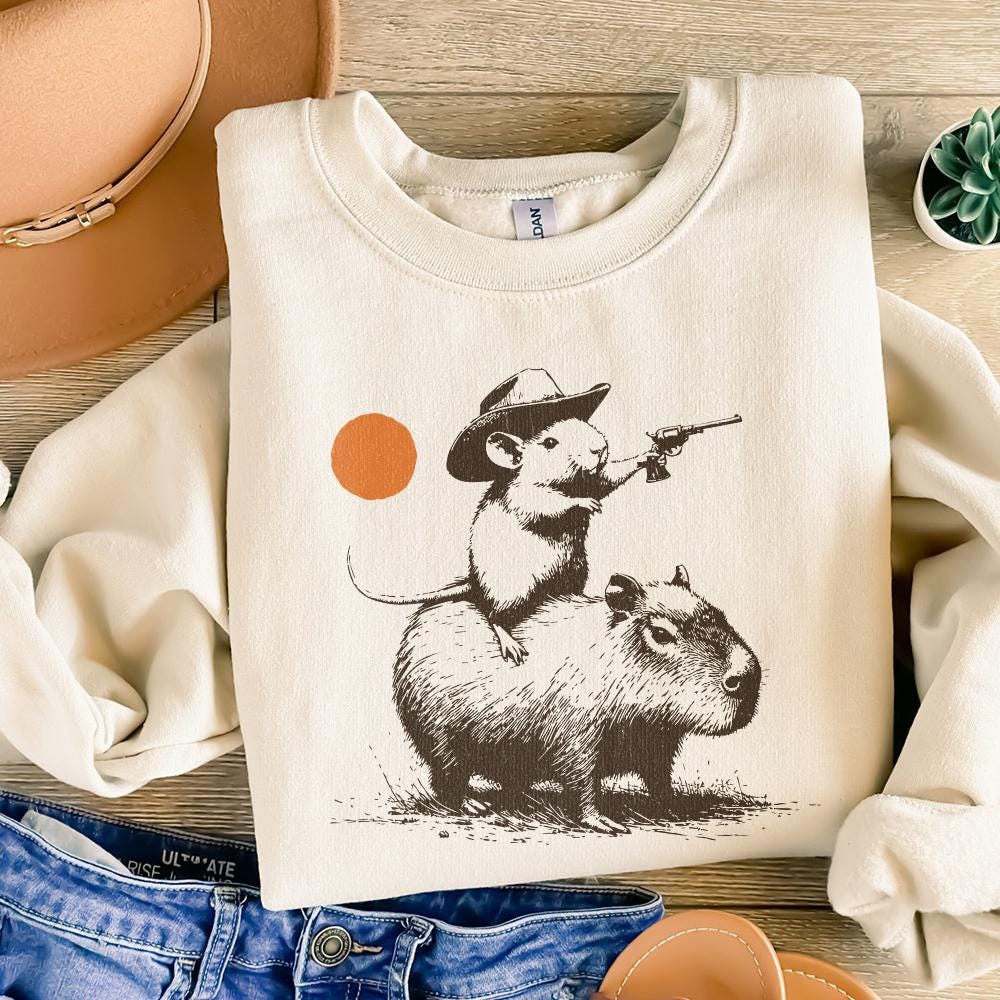 Funny Rat Riding Capybara Sketch, Vintage Animals png - 300 DPI Design