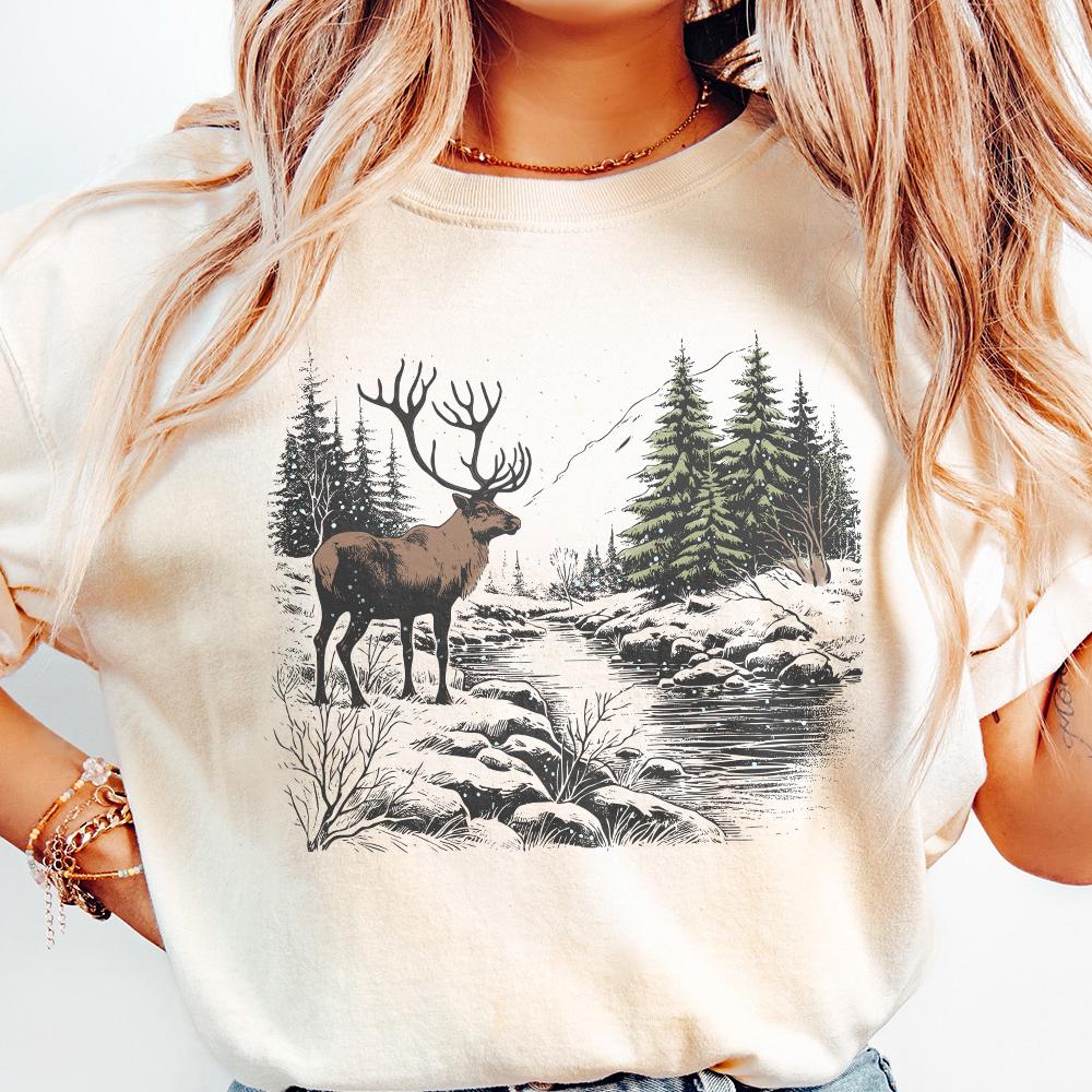 Retro Deer Wilderness Scene PNG Alt 2, Deer Art Sublimation - 300 DPI