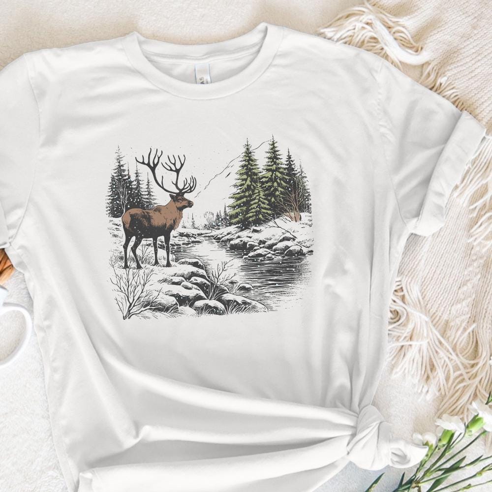Retro Deer Wilderness Scene PNG Alt 2, Deer Art Sublimation - 300 DPI