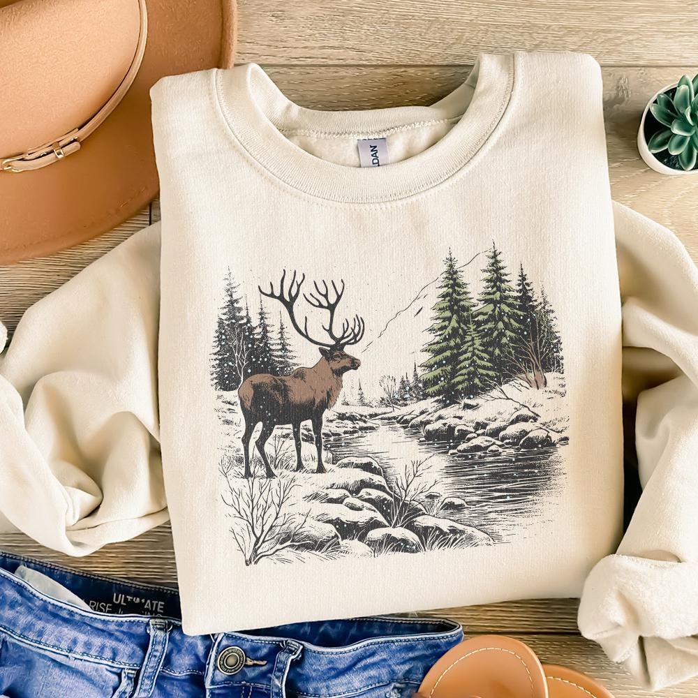 Retro Deer Wilderness Scene PNG Alt 2, Deer Art Sublimation - 300 DPI