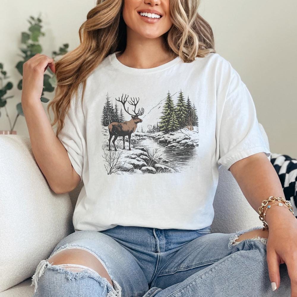 Retro Deer Wilderness Scene PNG Alt 2, Deer Art Sublimation - 300 DPI