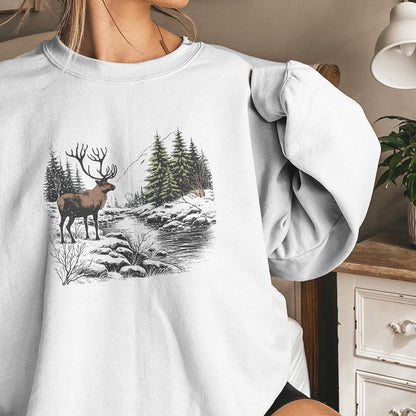 Retro Deer Wilderness Scene PNG Alt 2, Deer Art Sublimation - 300 DPI