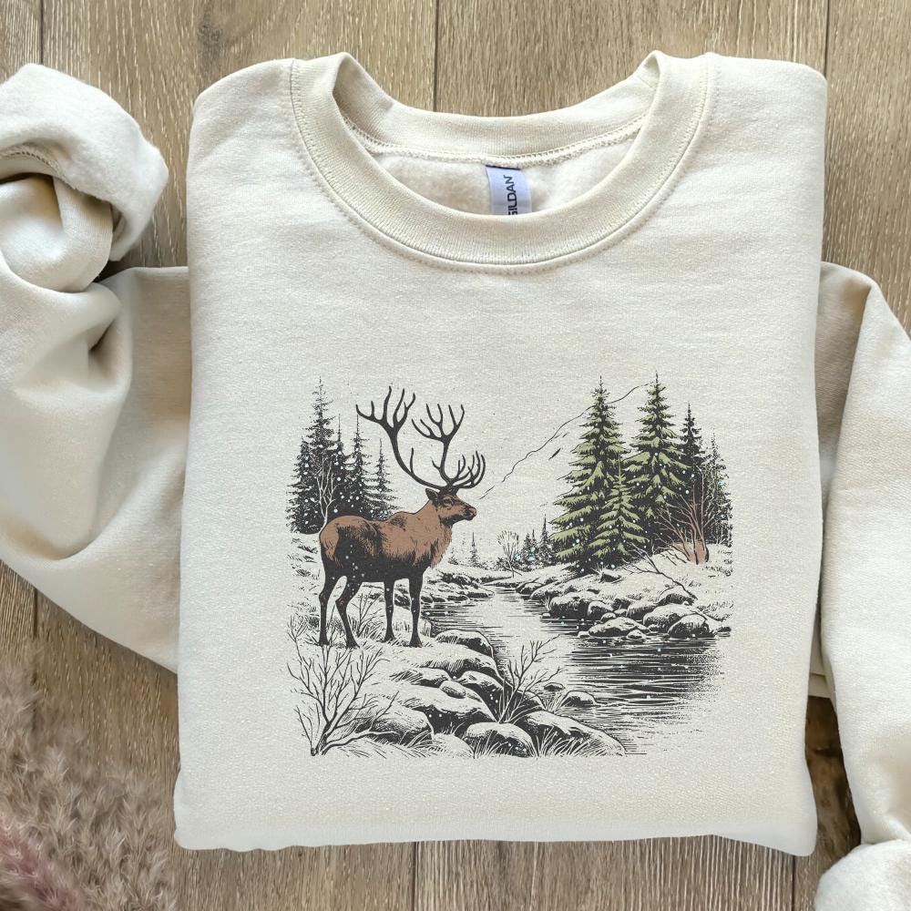 Retro Deer Wilderness Scene PNG Alt 2, Deer Art Sublimation - 300 DPI
