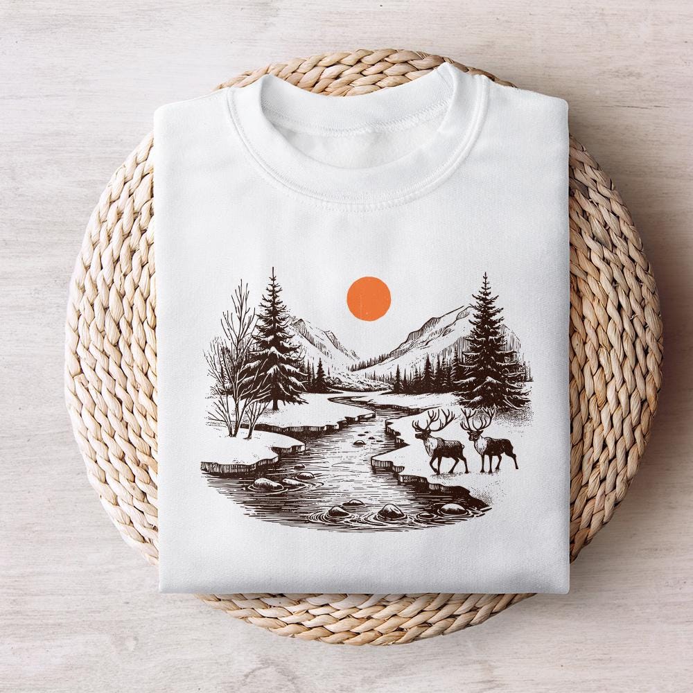 Retro Deer Wilderness Scene PNG, Deer Art Sublimation - 300 DPI Design