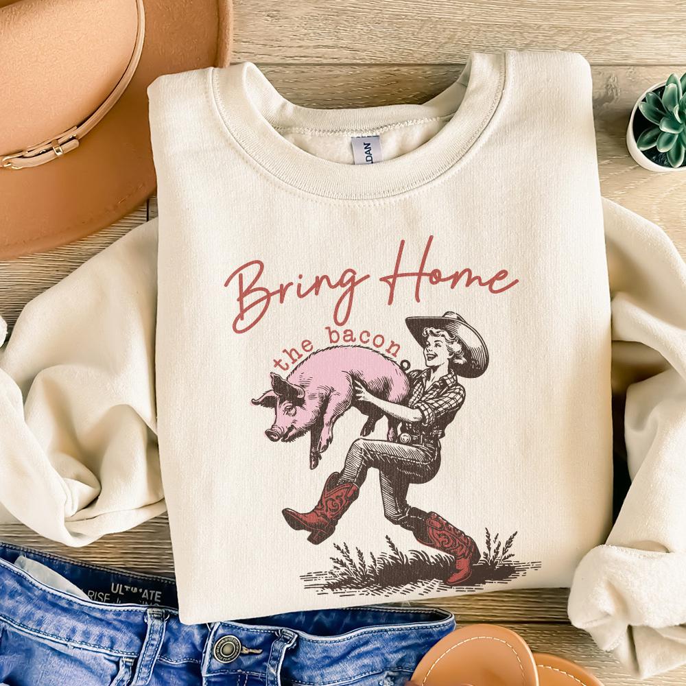 Bring Home the Bacon Retro Cowgirl png, Rodeo Cowboy PNG - 300 DPI Design