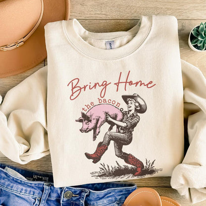 Bring Home the Bacon Retro Cowgirl png, Rodeo Cowboy PNG - 300 DPI Design