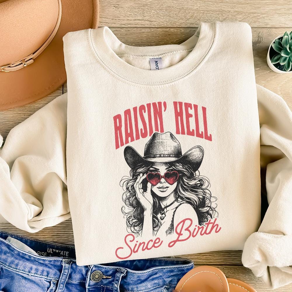 Raising Hell Since Birth PNG Alt 2, Retro Cowgirl PNG - 300 DPI Design