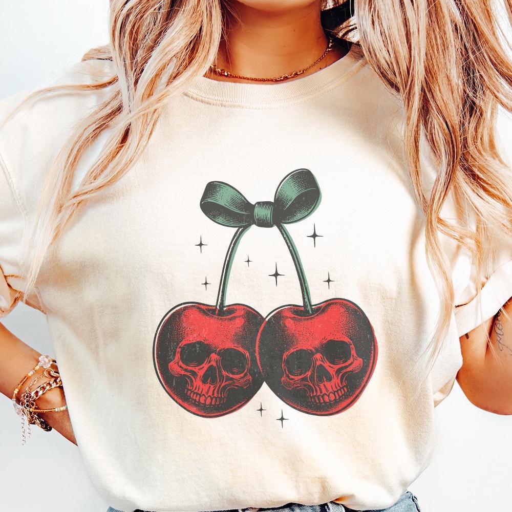 Skull Cherries PNG, Trendy Retro Halloween - 300 DPI Design for T-Shirt