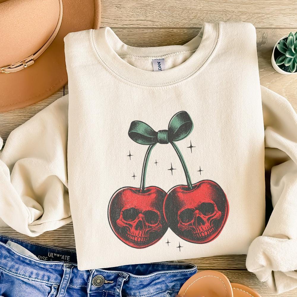 Skull Cherries PNG, Trendy Retro Halloween - 300 DPI Design for T-Shirt