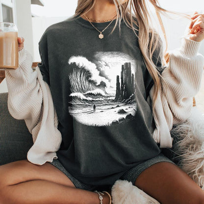 Dark Ocean Waves PNG, Dramatic Black and White Seascape - 300 DPI Design