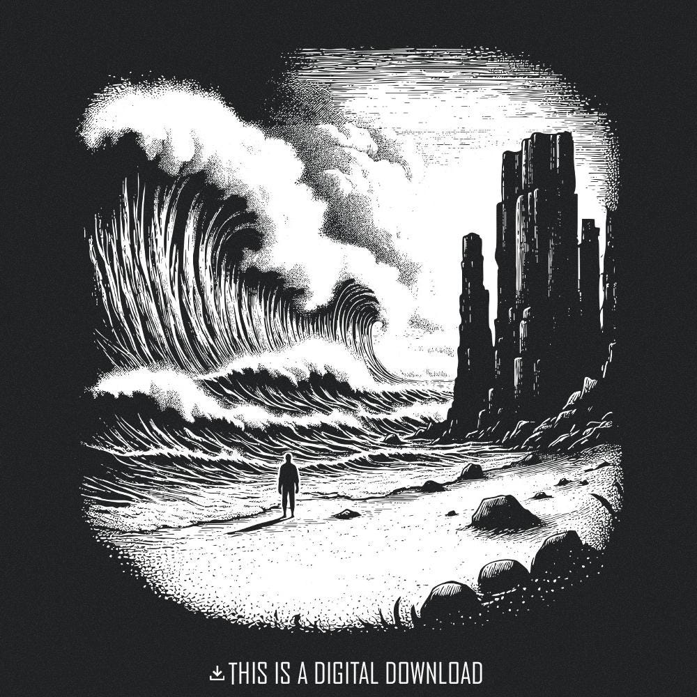 Dark Ocean Waves PNG, Dramatic Black and White Seascape - 300 DPI Design
