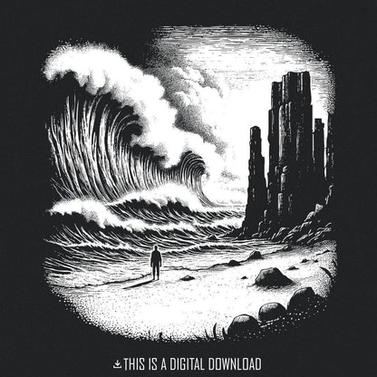 Dark Ocean Waves PNG, Dramatic Black and White Seascape - 300 DPI Design