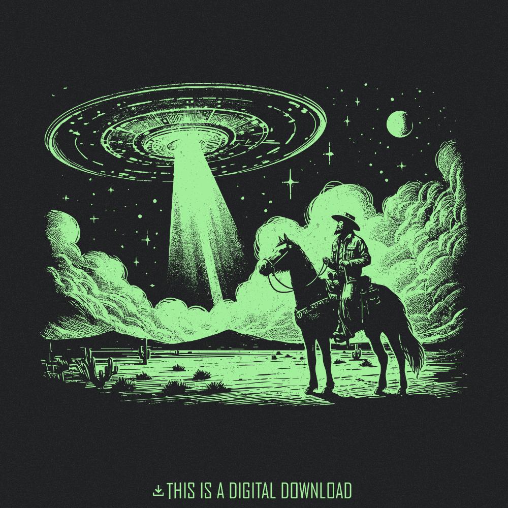 Cowboy UFO PNG, Retro Alien Spaceship - 300 DPI Design for T-Shirt