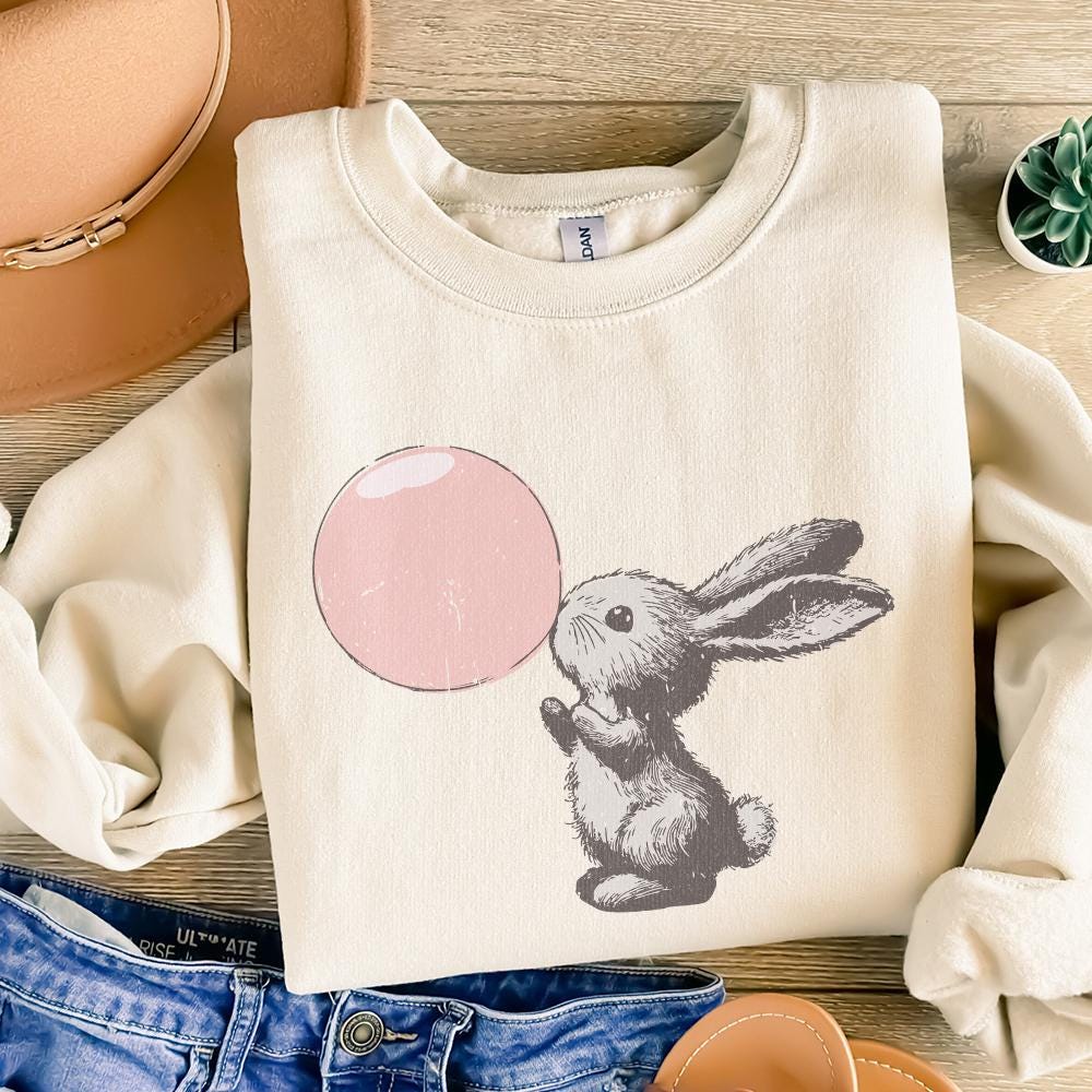 Retro Easter Bunny Blowing Bubble PNG, Funny Easter - 300 DPI Design for